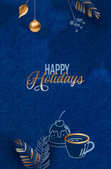 Happy holidays banner with coffee cup, dessert and golden decor. Line art graphic elements on dark blue watercolor background with paper texture