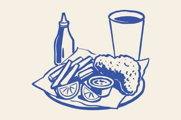 Fish and chips with lemon sketch vector illustration
