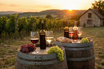golden hour with wine and scenery, rustic vineyard setting with wine glass scenery