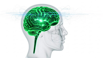 Human head profile with glowing green brain inside