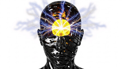 Cybernetic head with glowing brain and electrical energy