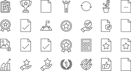 A comprehensive set of vector line icons symbolizing business achievement, quality, success, victory, growth, finance, goal setting, and awards for corporate visual communication materials.