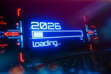 Naklejka na ściany i meble New 2026 year progress bar on digital lcd display with reflection. Concept of new year, annual plan, growth strategy, business planning, investment trends and strategy road map.