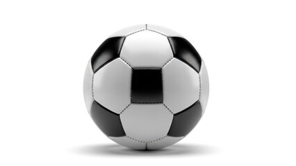 Naklejka premium Black and white soccer ball sits on white background, casting soft shadow