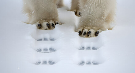 Close-up perspective of a majestic white predator's sturdy paws making clear, deep imprints in a vast, untouched blanket of pure white snow, embodying the serene wilderness