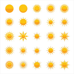 Bright yellow flower icon set with sun and summer themed design elements