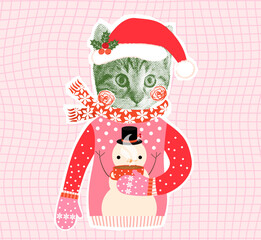 Funny vector cat with ugly Christmas sweater and scarf holding a warm drink, Cute winter halftone collage