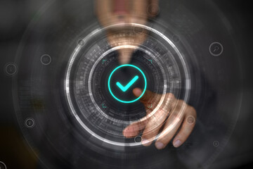 Man touching holographic checkmark icon. Concept of quality control, assurance, online approve, certification, approved decision, positive choice, top quality, satisfaction and customer service.