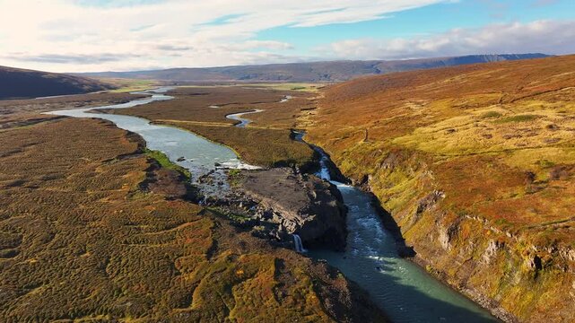 Aerial view of the Barnafoss falls in Iceland