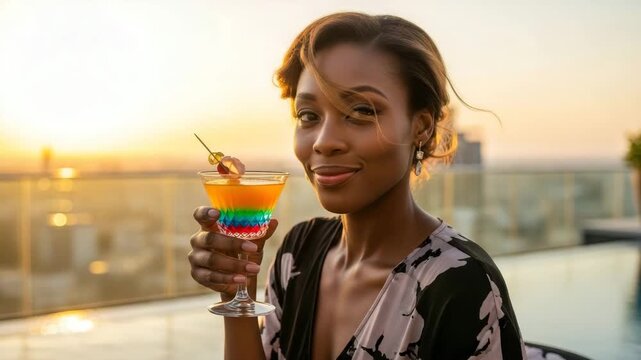A woman smiles and holds a layered drink while watching the sunset from a rooftop