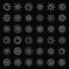 Stylized Sun Icon Collection on Black Background, 36 Unique Solar Motifs for Design, Symbolism, and Art Projects