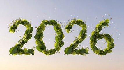 Year 2026 digits made of intertwined green vines and leaves floating against a subtle gradient sky background