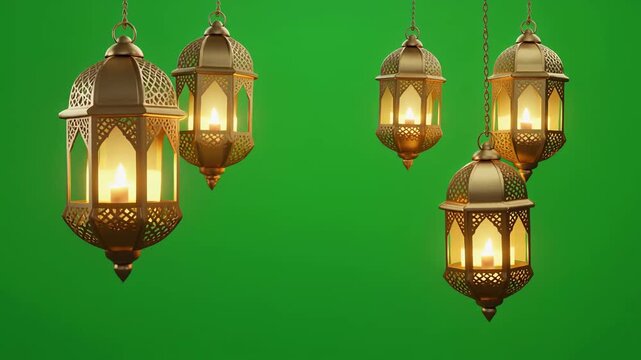 3D Golden Arabic Lanterns Swinging on Green Screen, Seamless Looping Animation for Ramadan Kareem and Eid al-Fitr Background.