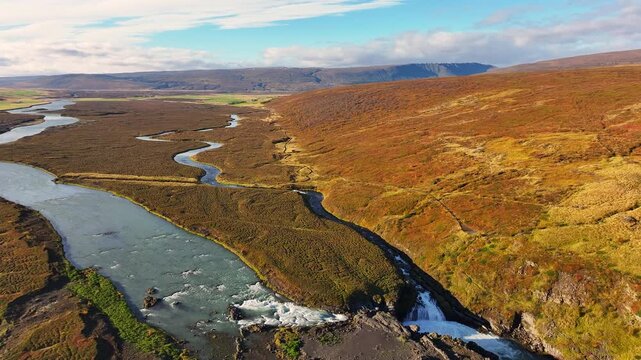 Aerial view of the Barnafoss falls in Iceland