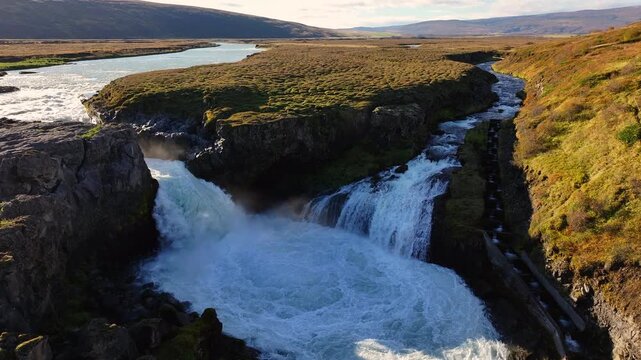 Aerial view of the Barnafoss falls in Iceland