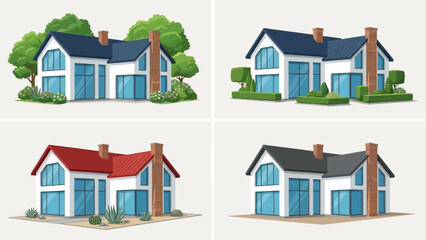 Fototapeta premium Modern House Vector Set – Diverse Roof Designs, Residential Architecture, Single and Two-Story Homes with Trees, Shrubs, Glass Windows for Real Estate and Planning