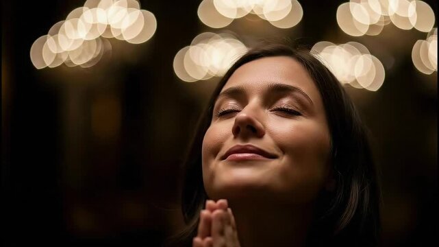Portrait of woman looking up with hands clasped in prayer under bokeh spotlights in a dim space