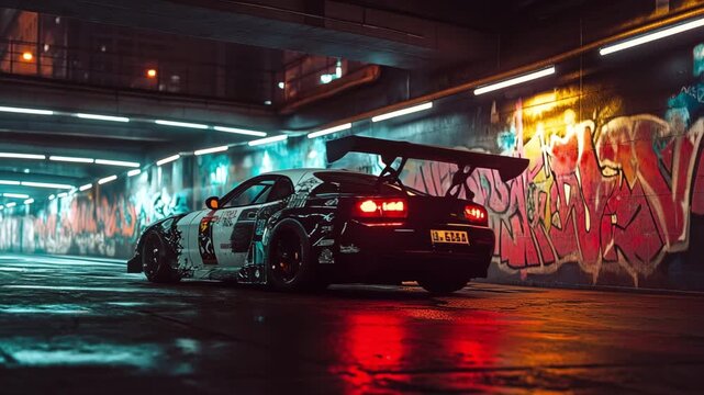 Modified Sports Car Parked in Graffiti Tunnel at Night