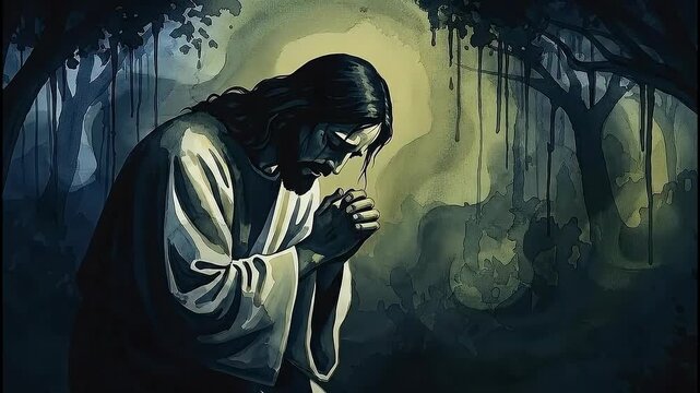Jesus kneeling and praying in the Garden of Gethsemane at night under the moonlight