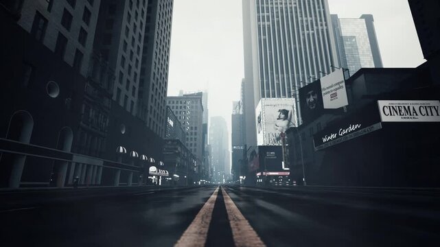 Empty streets of a big city. Empty New York streets. Empty streets during a pandemic. Bottom view of skyscrapers. 3d render