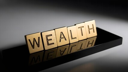 Golden Wealth Word Tiles on Reflective Surface Financial Success Concept.