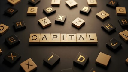 Capital word spelled with letter tiles on dark background for business finance concept.