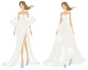 Two stylish elegant white dresses and evening gowns for women, featuring diverse silhouettes and airy, flowing fabric