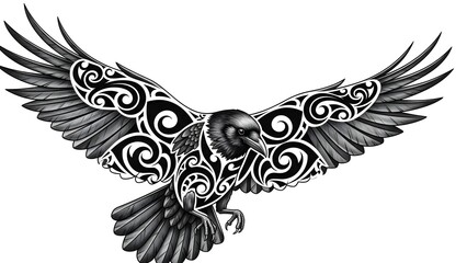 Majestic crow tattoo design blending intricate Maori-style ornaments and tribal linework