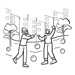 two people having a playful snowball fight outdoor Concept, vector icon design, Winter Season Element symbol, frosty weather activity Sign, coldest season stock illustration