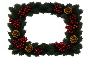 Christmas wreath frame creating a festive border with pine branches, red berries, and pinecones, holiday season decoration transparent background