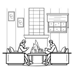 Couple sitting comfortably on sofas facing each other concept,Two person playing Chess vector icon design, Winter Season Element symbol, frosty weather activity Sign, coldest season stock illustration