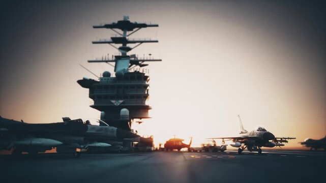Fighter Jets on Aircraft Carrier at Dawn. 3d render