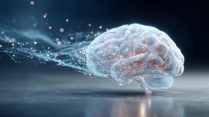 Futuristic glowing human brain with digital neural connections. 3D illustration of artificial intelligence, deep learning and scientific innovation on dark background with copy space.