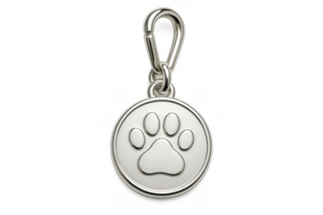 Silver pet tag with a paw print design, a shiny metal accessory for identification. Transparent background