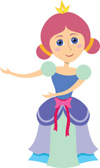 A cartoon princess is standing with her arms outstretched, looking at the camera