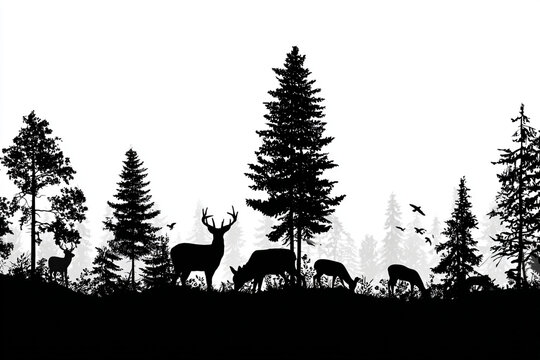 Silhouette of deer and pine trees in a forest landscape