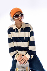 Stylish teenager showcases Gen Z fashion with striped polo and vibrant hat