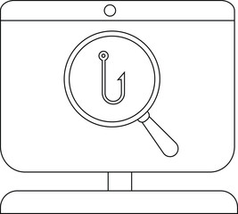 Stylized fishing hook with magnifying glass on computer screen, symbolizing online fishing.