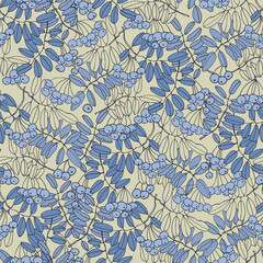 Seamless repeating pattern n Toile de Jouy style with rowan tree branches and ashberries. Vector illustration in blue colors on light-colored backgroud for surface design and other design projects