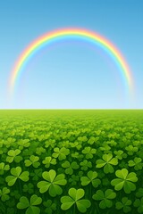 Vibrant Clover Field with Rainbow Under a Blue Sky