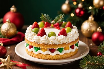 Festive Delight: A meticulously crafted Christmas cake adorned with fresh strawberries, grapes, and decorative frosting sits amidst holiday ornaments. Capturing a sense of warmth.