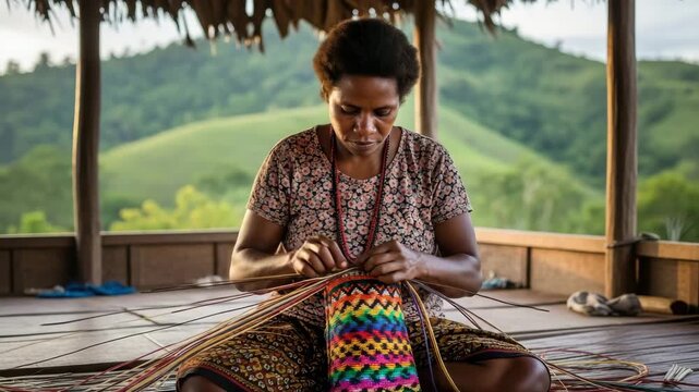A woman makes a basket using colorful strips while sitting in a simple hut surrounded by nature