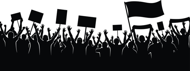 Protest crowd silhouette, activist demonstration, people holding banners, civic movement, public rally, social justice march, unity, freedom, resistance, revolution