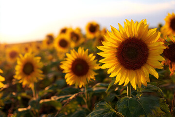 Fototapeta premium A field of sunflowers bathed in the warm glow of golden hour sunlight