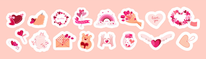 Valentines Day sticker set with hearts, love , flowers, rainbows, romantic elements for planner decoration, printable sticker sheets, greeting cards, social media, scrapbooking. Vector illustration