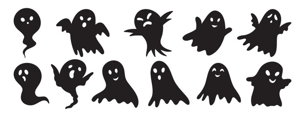 Obraz premium scary funny ghosts silhouette with faces set. Ghost Halloween decorative elements. Halloween silhouettes black ghost character
