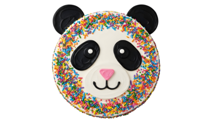 Colorful panda face with confetti border on black background