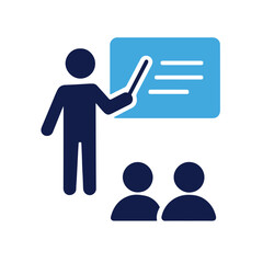 Flat Vector Icon Corporate Presentation with Speaker, Board, and Audience on White Background.