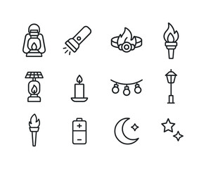 Camping Lighting Icons. Camping lighting. Line icon set of Campi