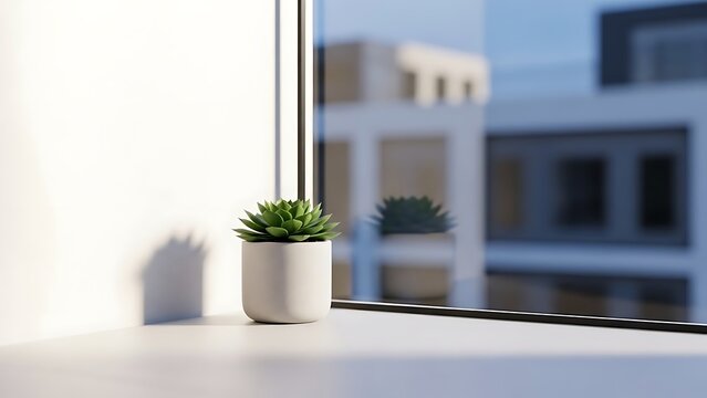 Minimalist succulent plant on a windowsill with blurred city view.